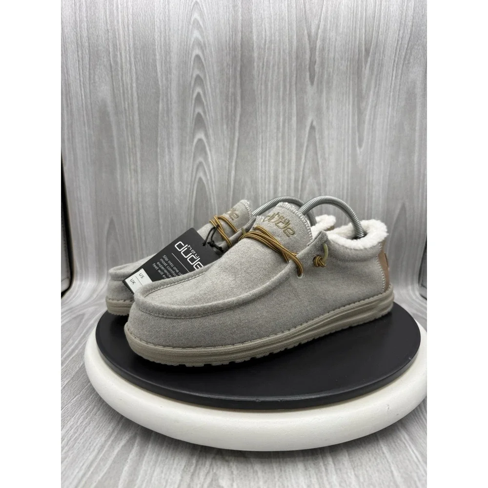 Hey Dude Wally Mens Size 8 Herringbone Grey Faux Sherpa Casual Slip On Shoes NEW